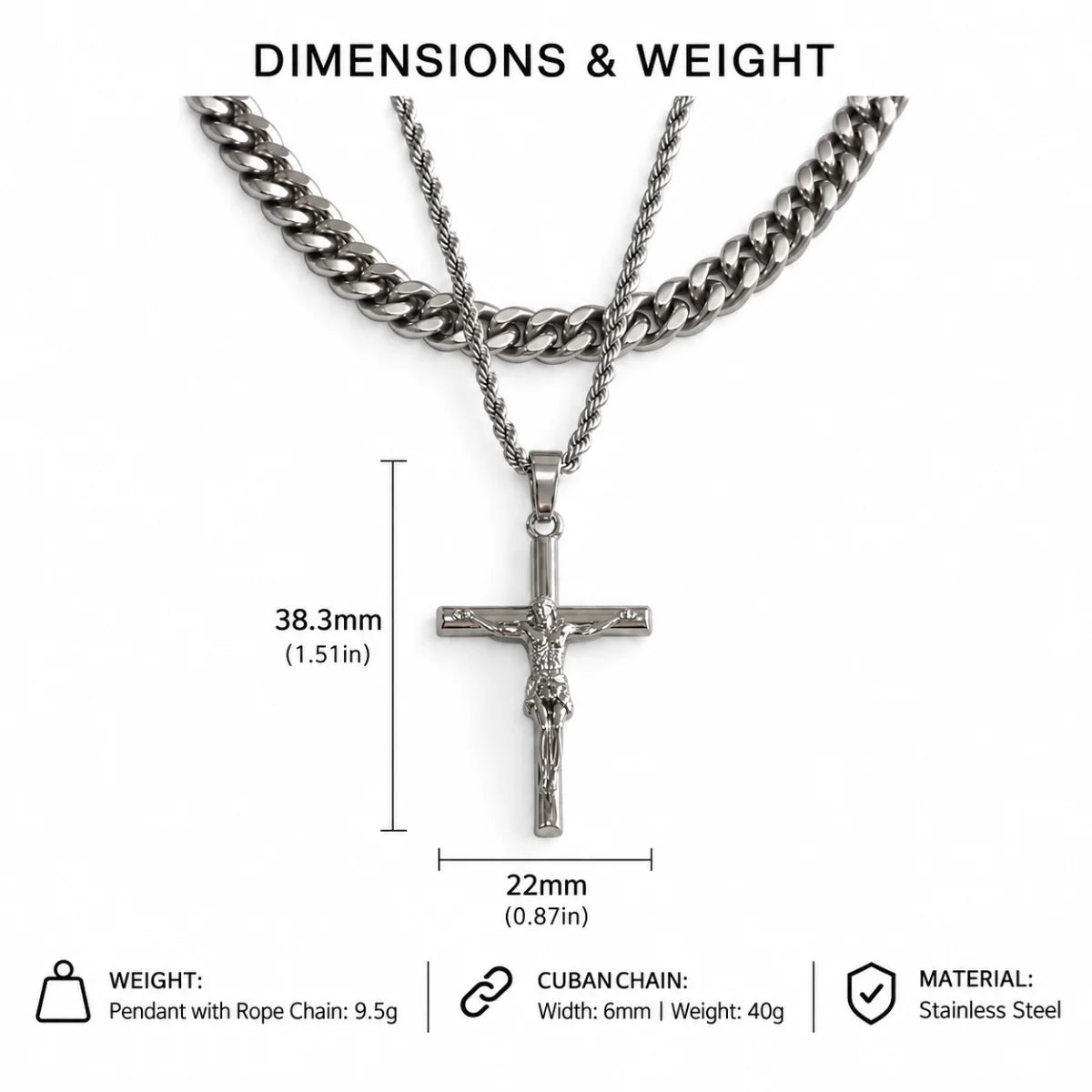 jesus crucifix rope chain silver dimensions and weight