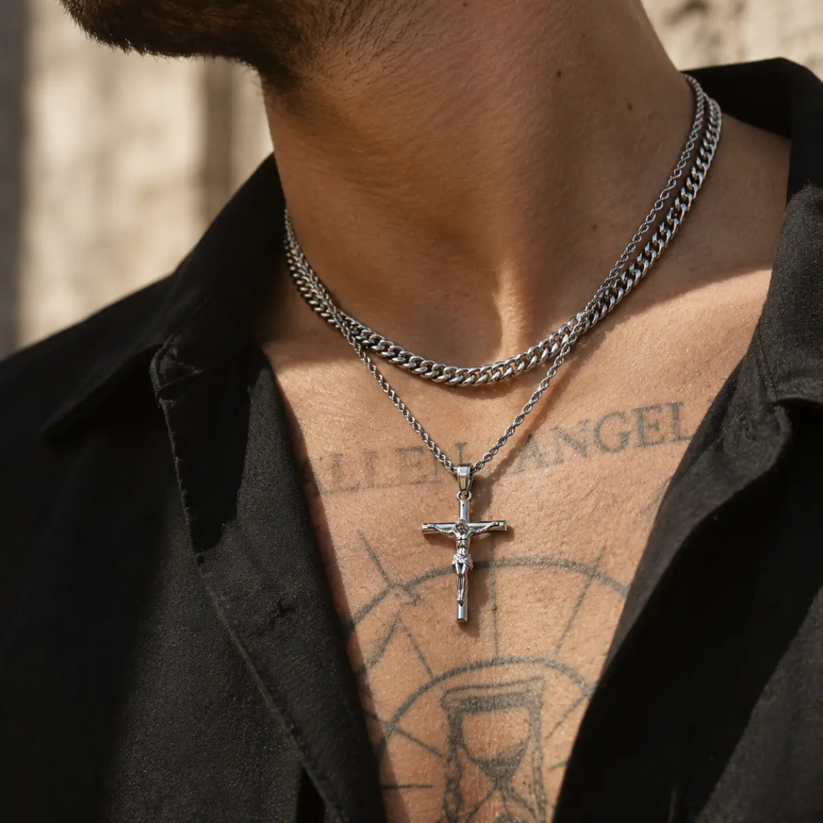 jesus crucifix rope chain silver layered set lifestyle black shirt
