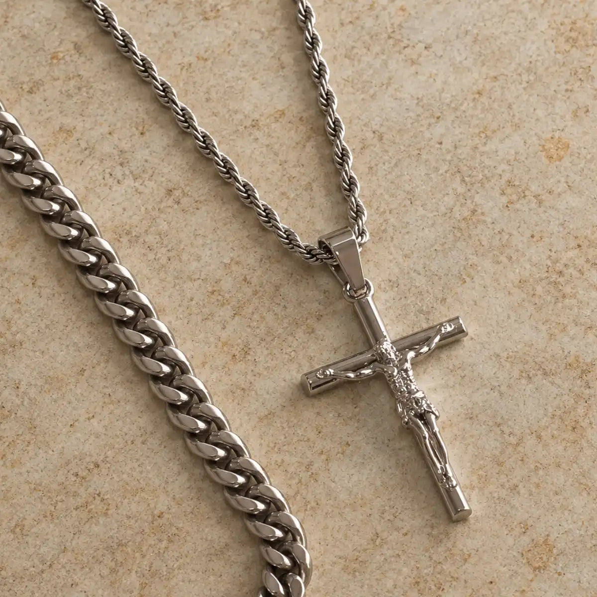 jesus crucifix rope chain silver layered set sandstone display