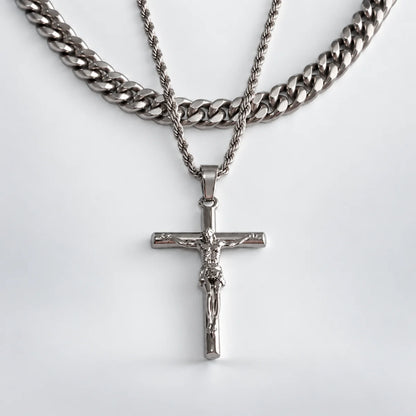 jesus crucifix rope chain silver layered set white background