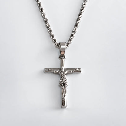 jesus crucifix rope chain silver white background