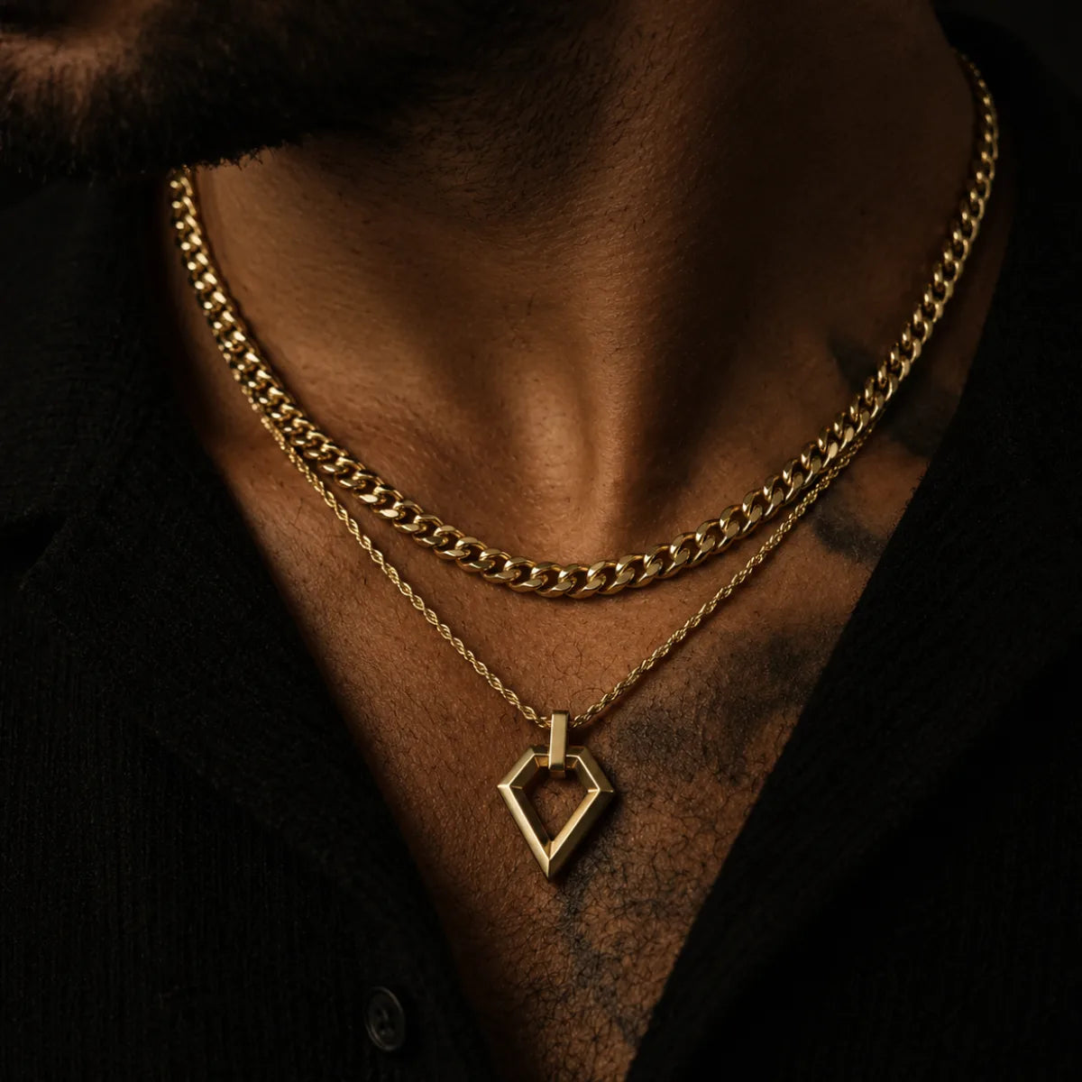 kite shape pendant necklace layered set lifestyle black shirt