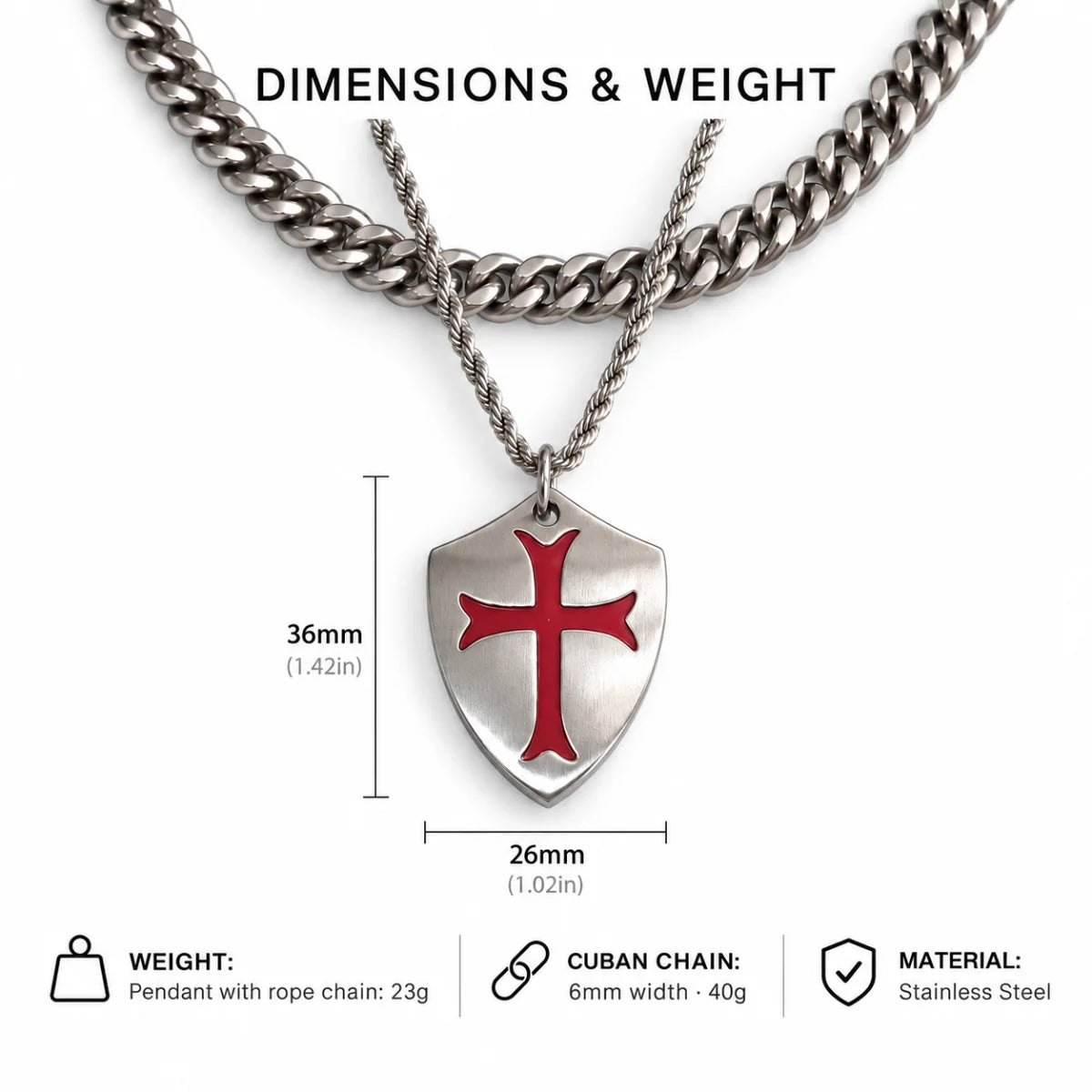 knights templar shield necklace dimensions and weight