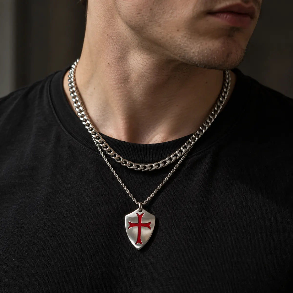 knights templar shield necklace layered set lifestyle