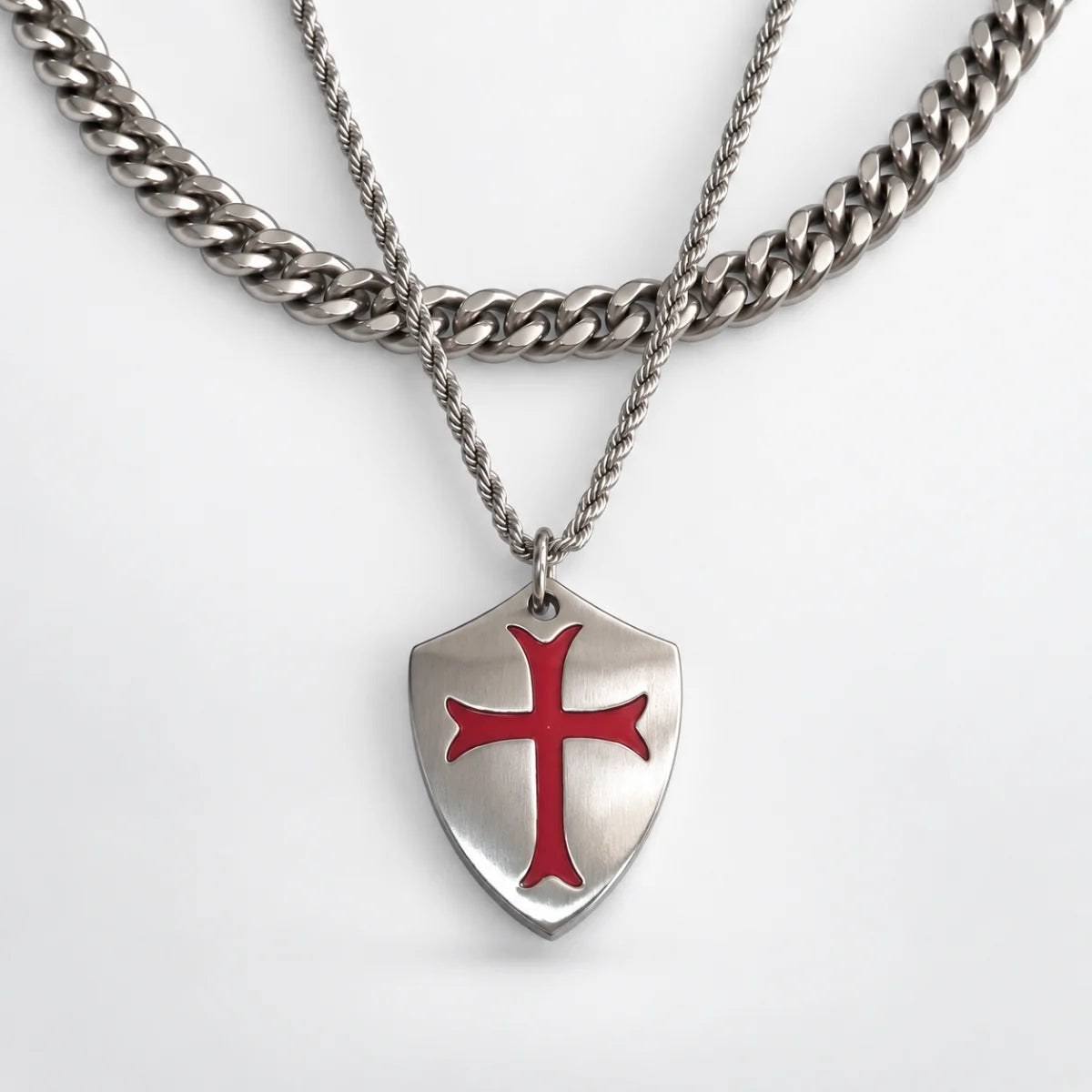 knights templar shield necklace layered set white background