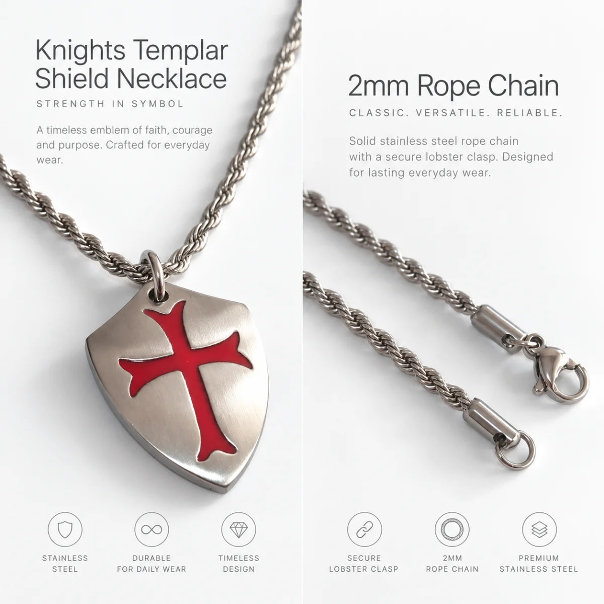 knights templar shield necklace rope chain product details