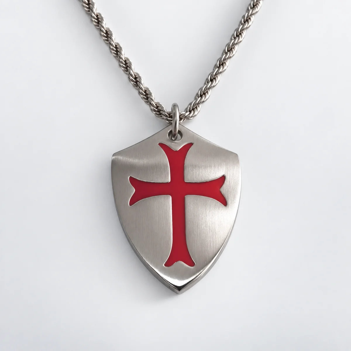 knights templar shield necklace with rope chain white background
