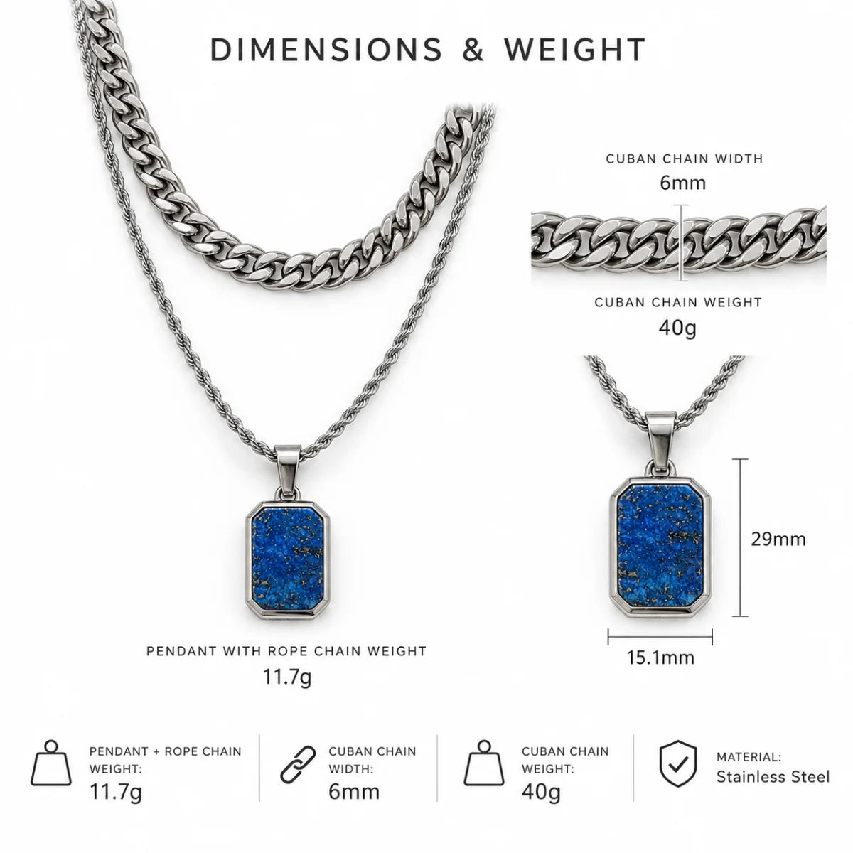 lapis lazuli dog tag necklace dimensions and weight