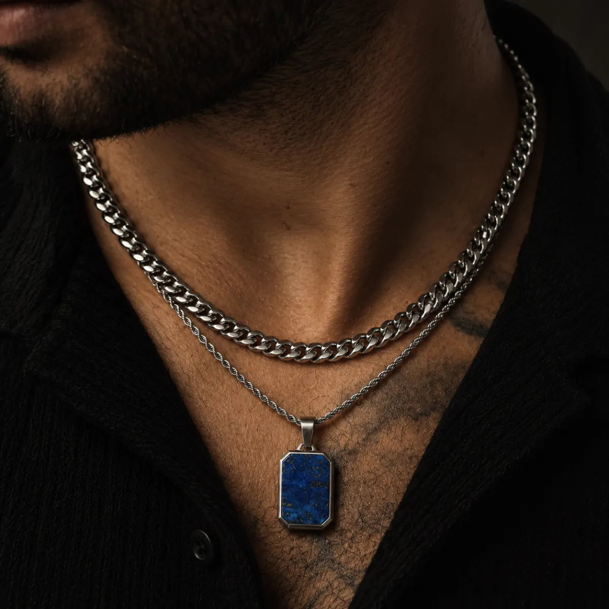 lapis lazuli dog tag necklace layered set lifestyle black shirt