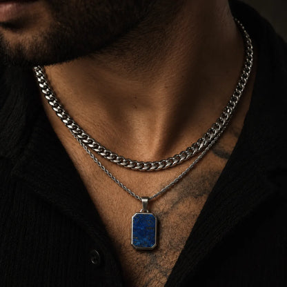 lapis lazuli dog tag necklace layered set lifestyle black shirt