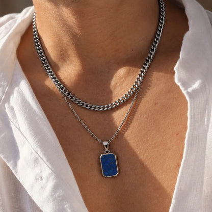 lapis lazuli dog tag necklace layered set lifestyle white shirt