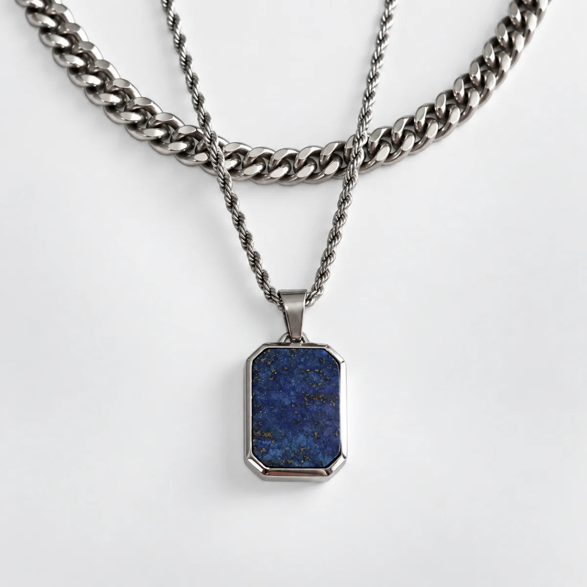 lapis lazuli dog tag necklace layered set white background
