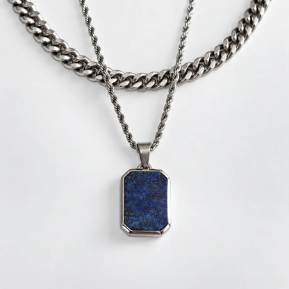 lapis lazuli dog tag necklace layered set white background