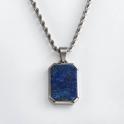lapis lazuli dog tag necklace with rope chain white background