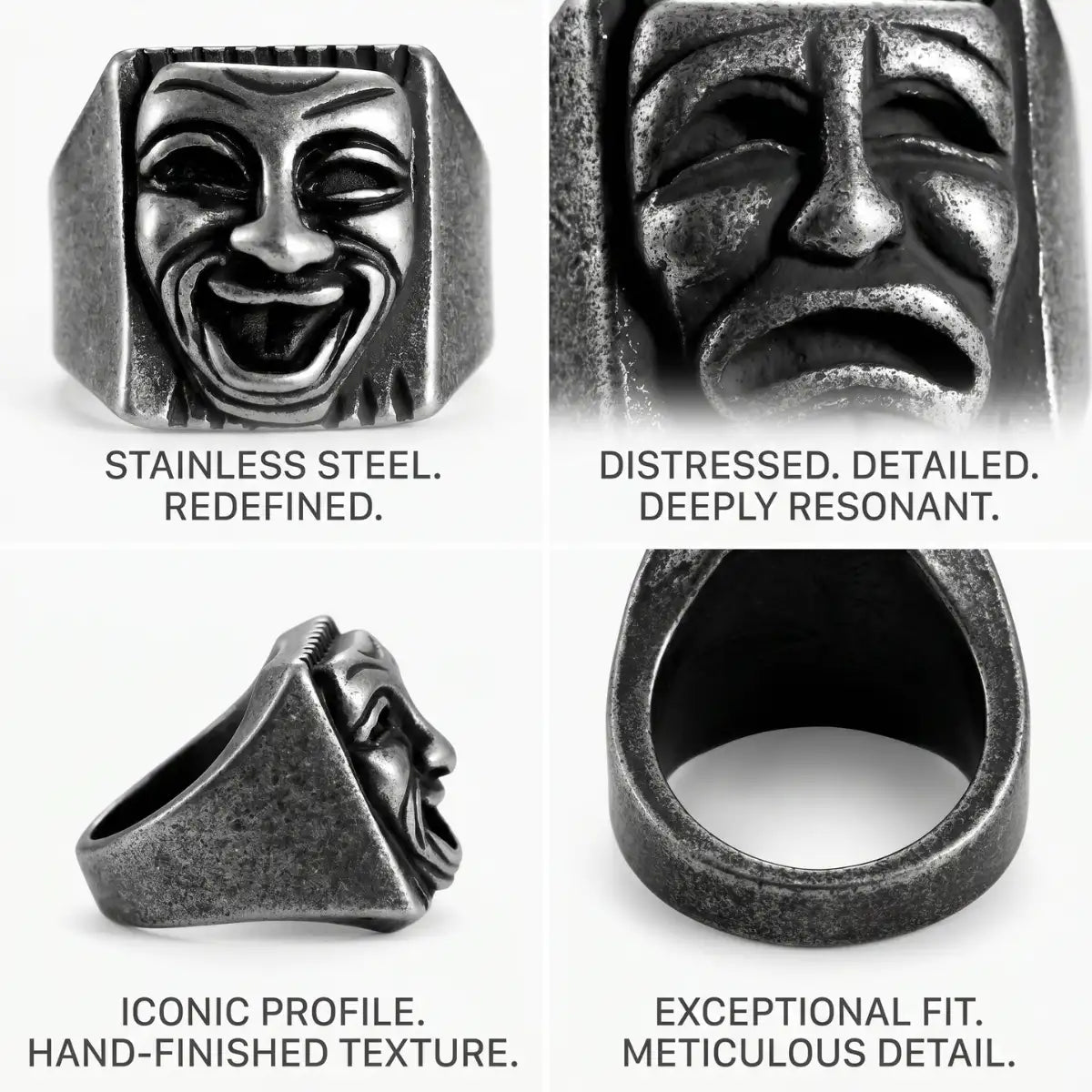 Laugh Now Cry Later Ring Design Features 316L Stainless Steel Distressed Statement Jewelry