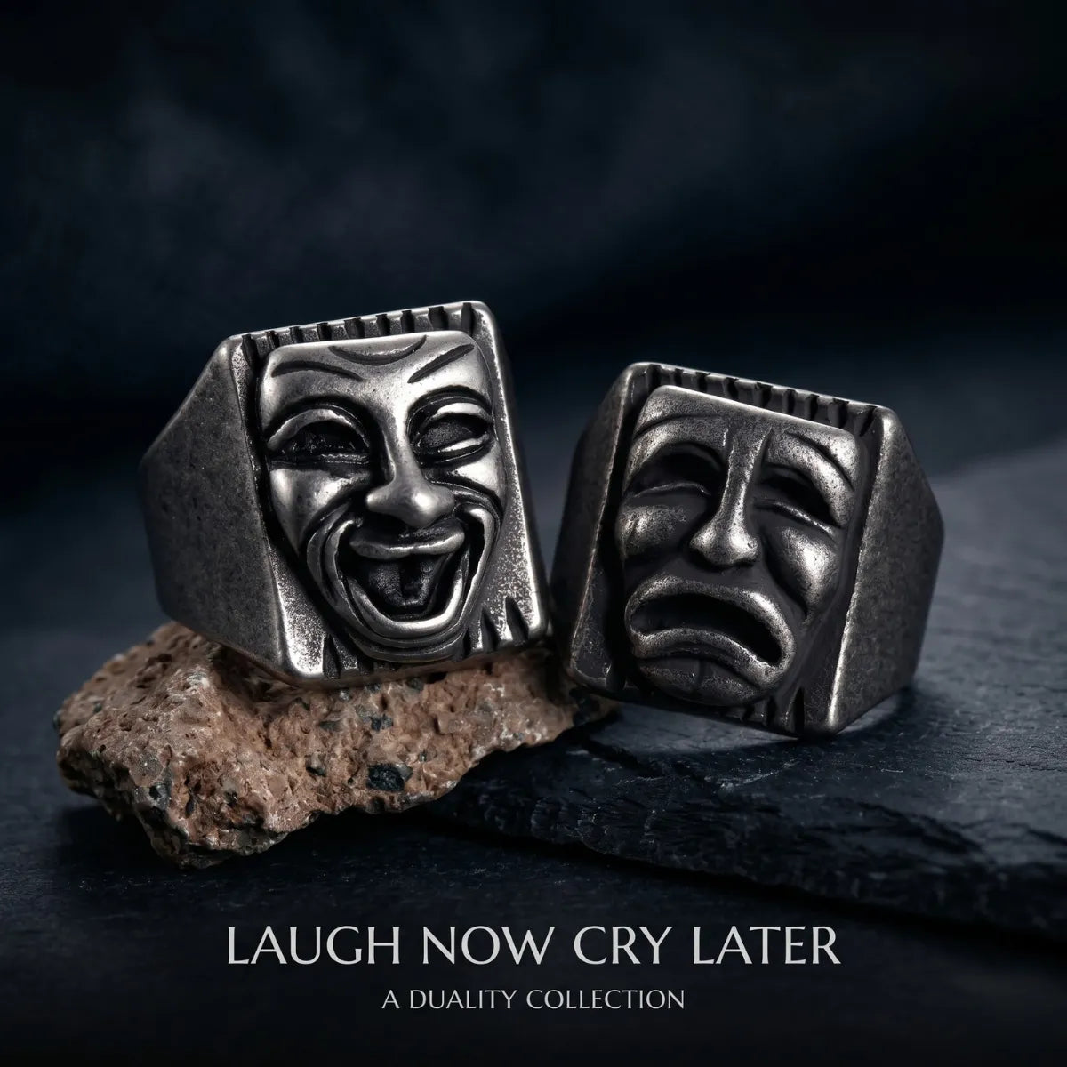 Laugh Now Cry Later Rings Duo Premium Stainless Steel Gothic Drama Mask Rings