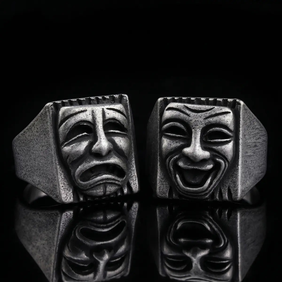 Laugh Now Cry Later Rings Front View Premium Stainless Steel Theatre Mask Jewelry