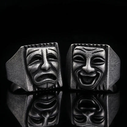 Laugh Now Cry Later Rings Front View Premium Stainless Steel Theatre Mask Jewelry