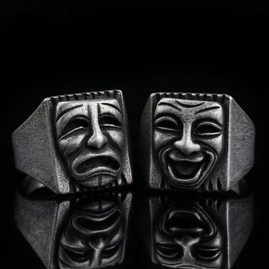 Laugh Now Cry Later Rings Front View Premium Stainless Steel Theatre Mask Jewelry