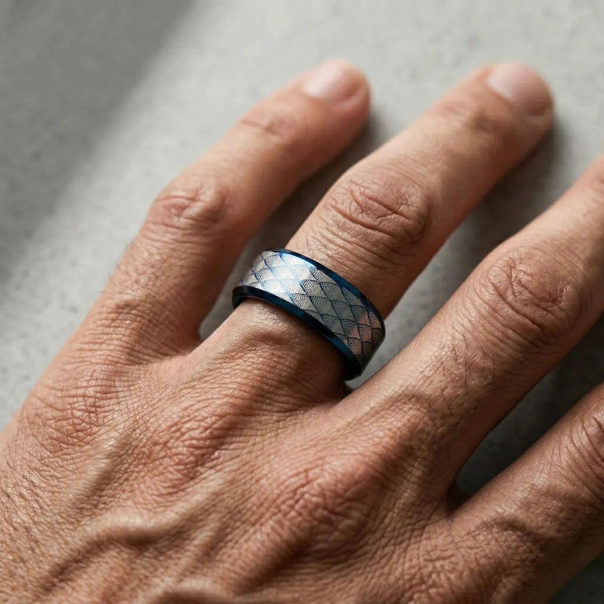 Lifestyle Man Wearing 8mm Blue Snake Scale Tungsten Ring