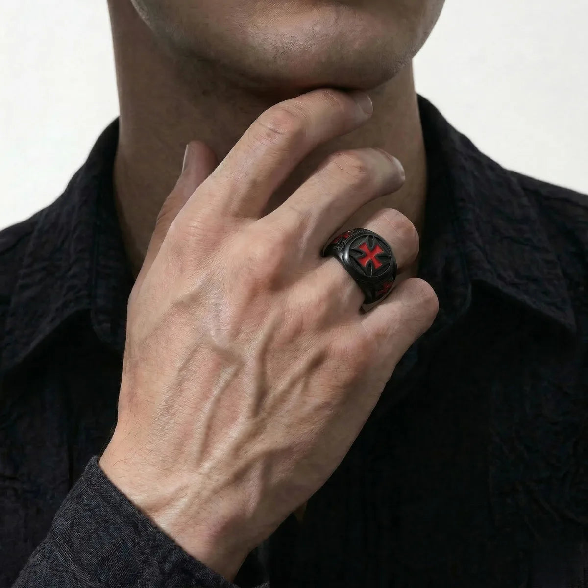 Lifestyle shot of man wearing black Knights Templar Cross Ring