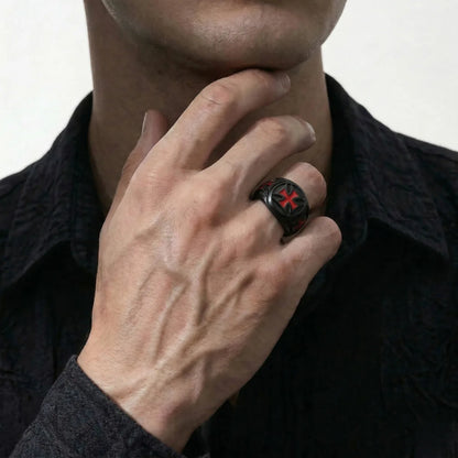 Lifestyle shot of man wearing black Knights Templar Cross Ring