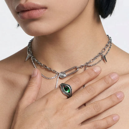 Lifestyle shot of woman wearing silver Green Eye Ring