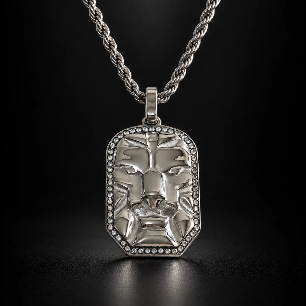 lion head dog tag necklace black background hero