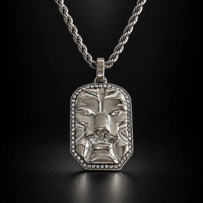 lion head dog tag necklace black background hero