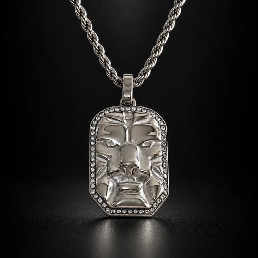 lion head dog tag necklace black background hero