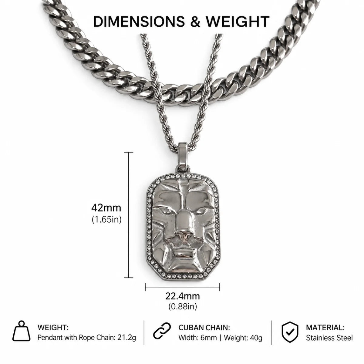 lion head dog tag necklace dimensions and weight