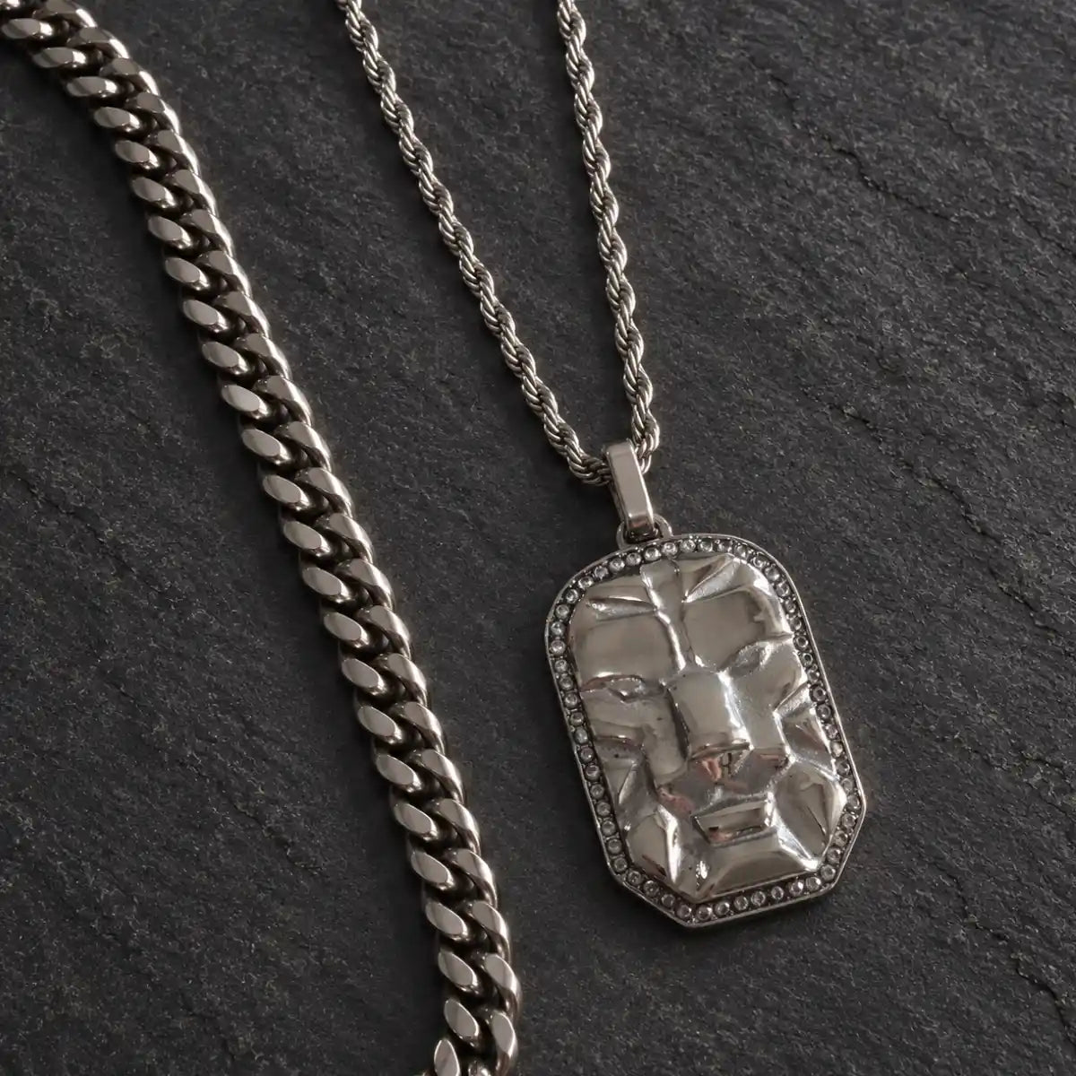 lion head dog tag necklace layered set birds eye display