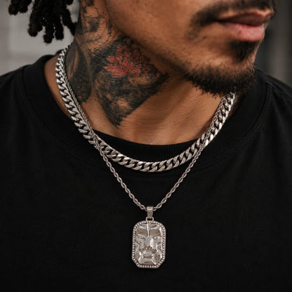 lion head dog tag necklace layered set lifestyle tattooed model