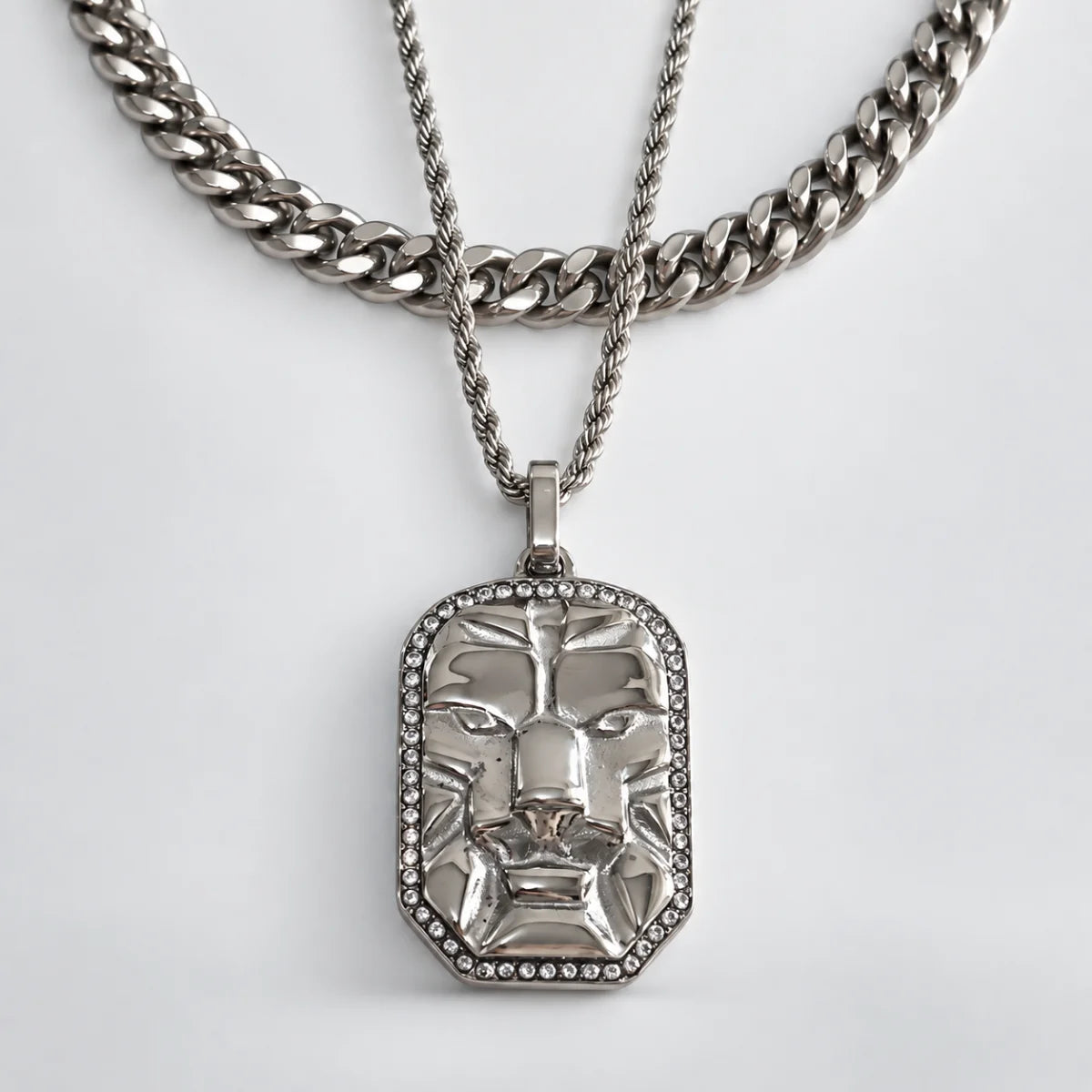 lion head dog tag necklace layered set white background