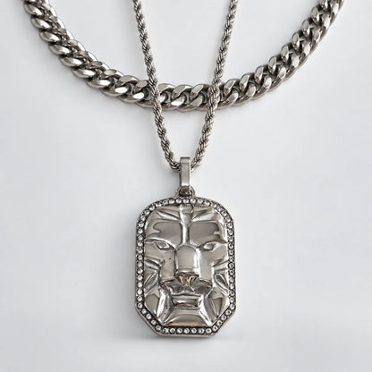 lion head dog tag necklace layered set white background