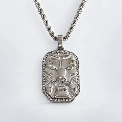 lion head dog tag necklace with rope chain white background