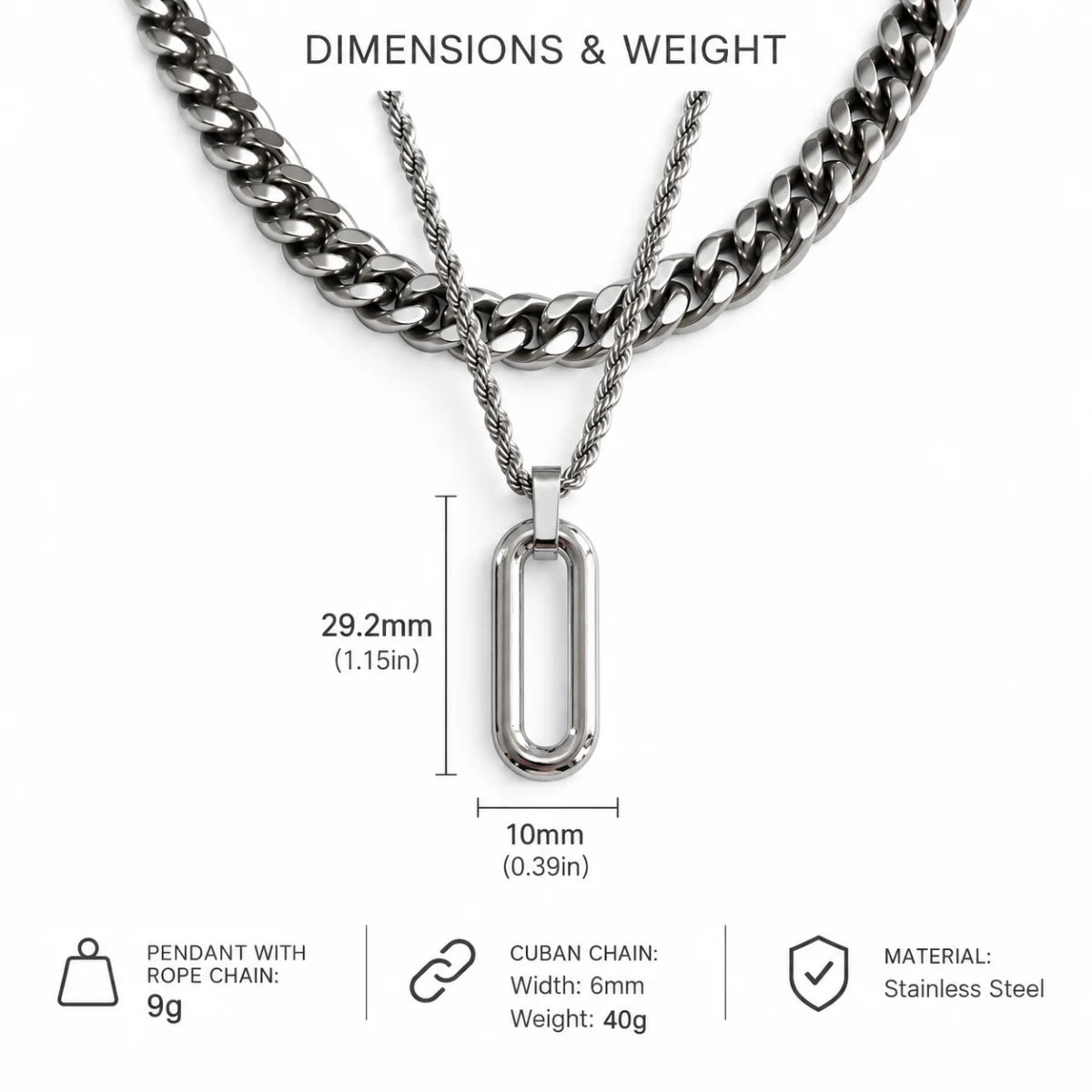 long open rectangle necklace dimensions and weight