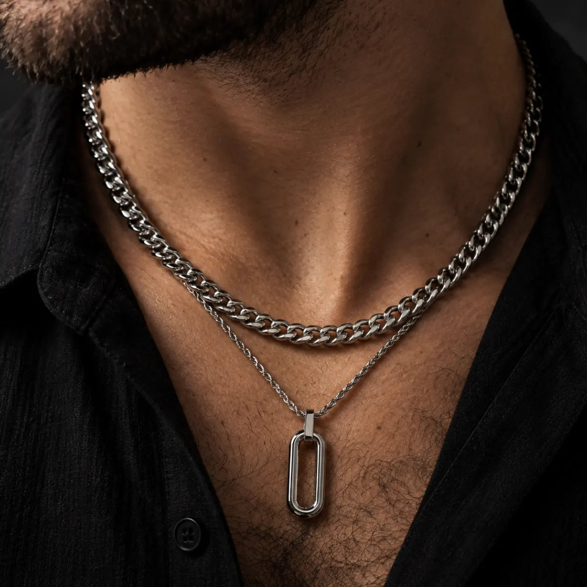 long open rectangle necklace layered set lifestyle black shirt