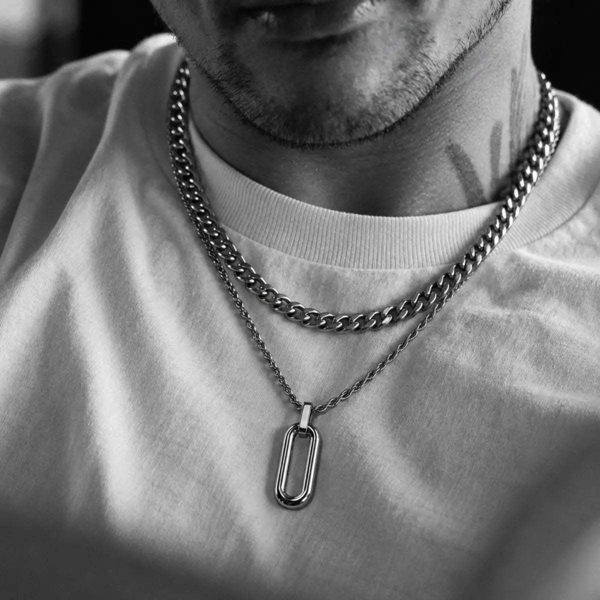 long open rectangle necklace layered set lifestyle white shirt