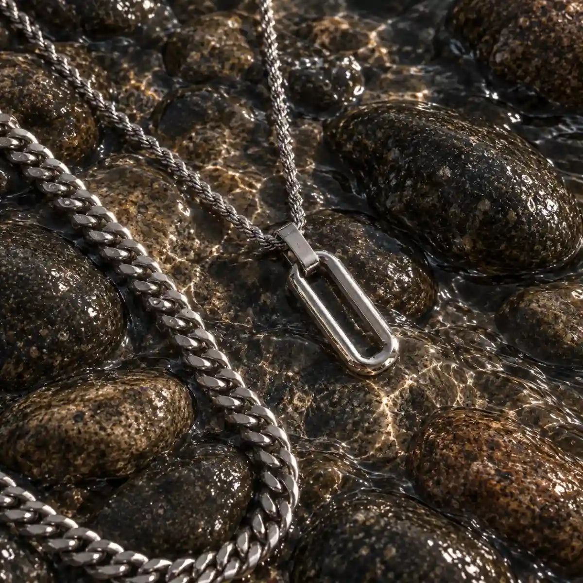 long open rectangle necklace layered set water stone display