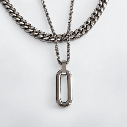 long open rectangle necklace layered set white background