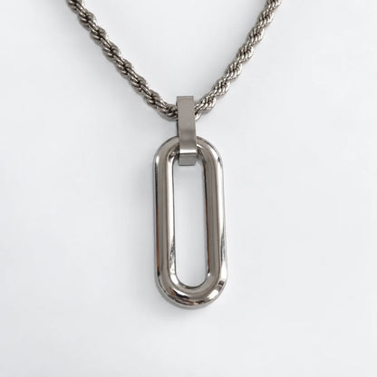 long open rectangle necklace with rope chain white background