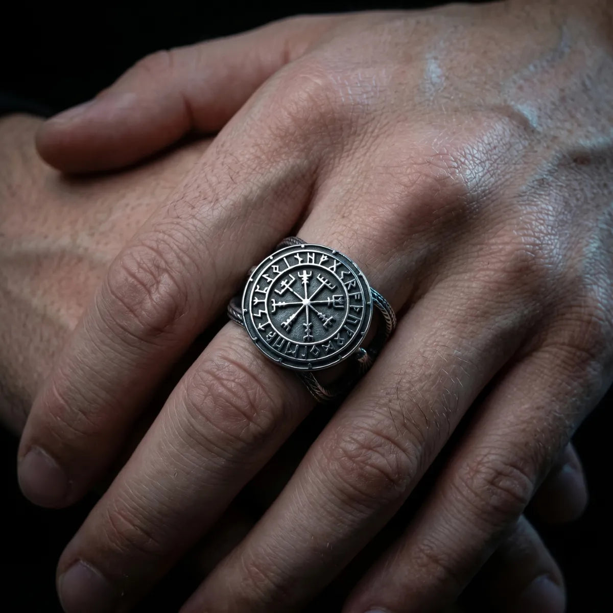 Man Wearing Aegishjalmur Helm of Awe Ring Norse Mythology Mens Ring