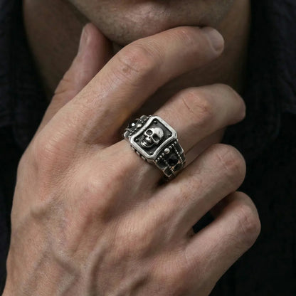 Man Wearing Catacombs Skull Ring Index Finger Biker Style