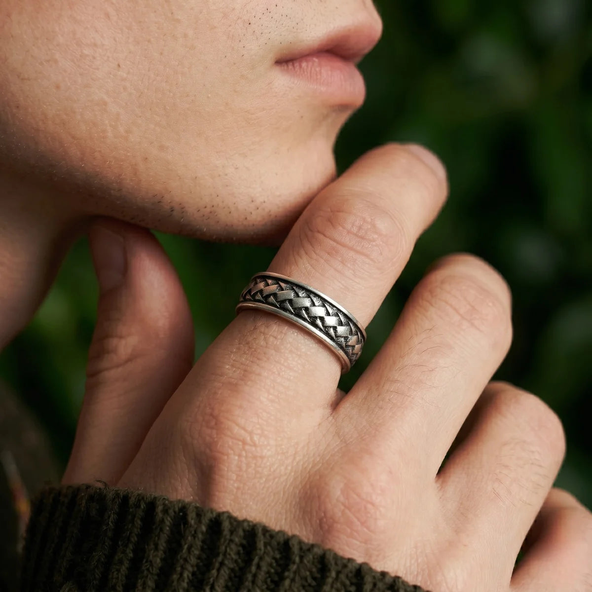 Man Wearing Celtic Braided Ring Outdoor Lifestyle Alternative Mens Jewelry