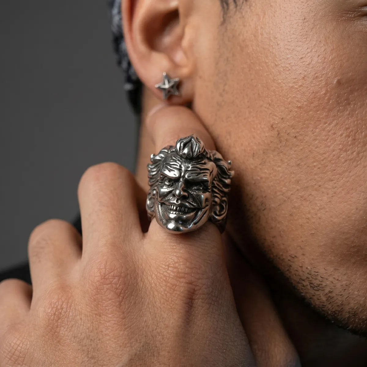 Man Wearing Clown Ring Dark Aesthetic Mens Gothic Statement Jewelry
