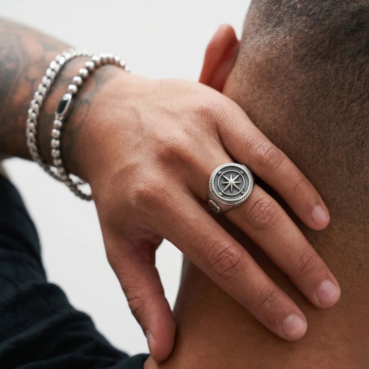 Man Wearing Compass Signet Ring Streetwear Style Alternative Mens Travel Jewelry