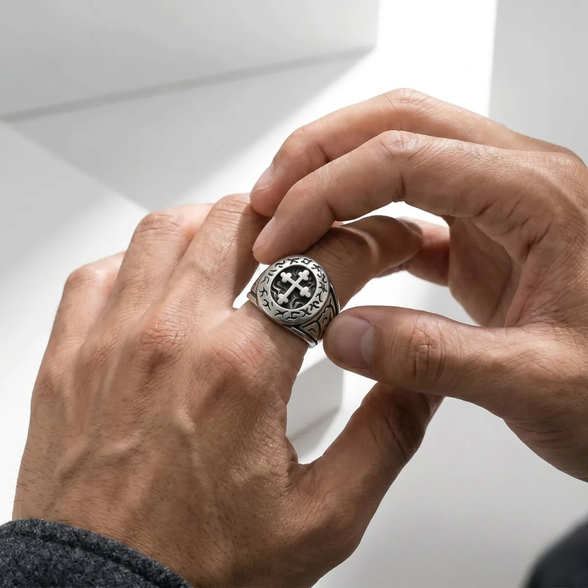 Man Wearing Crusader Cross Ring Minimalist Mens Christian Jewelry