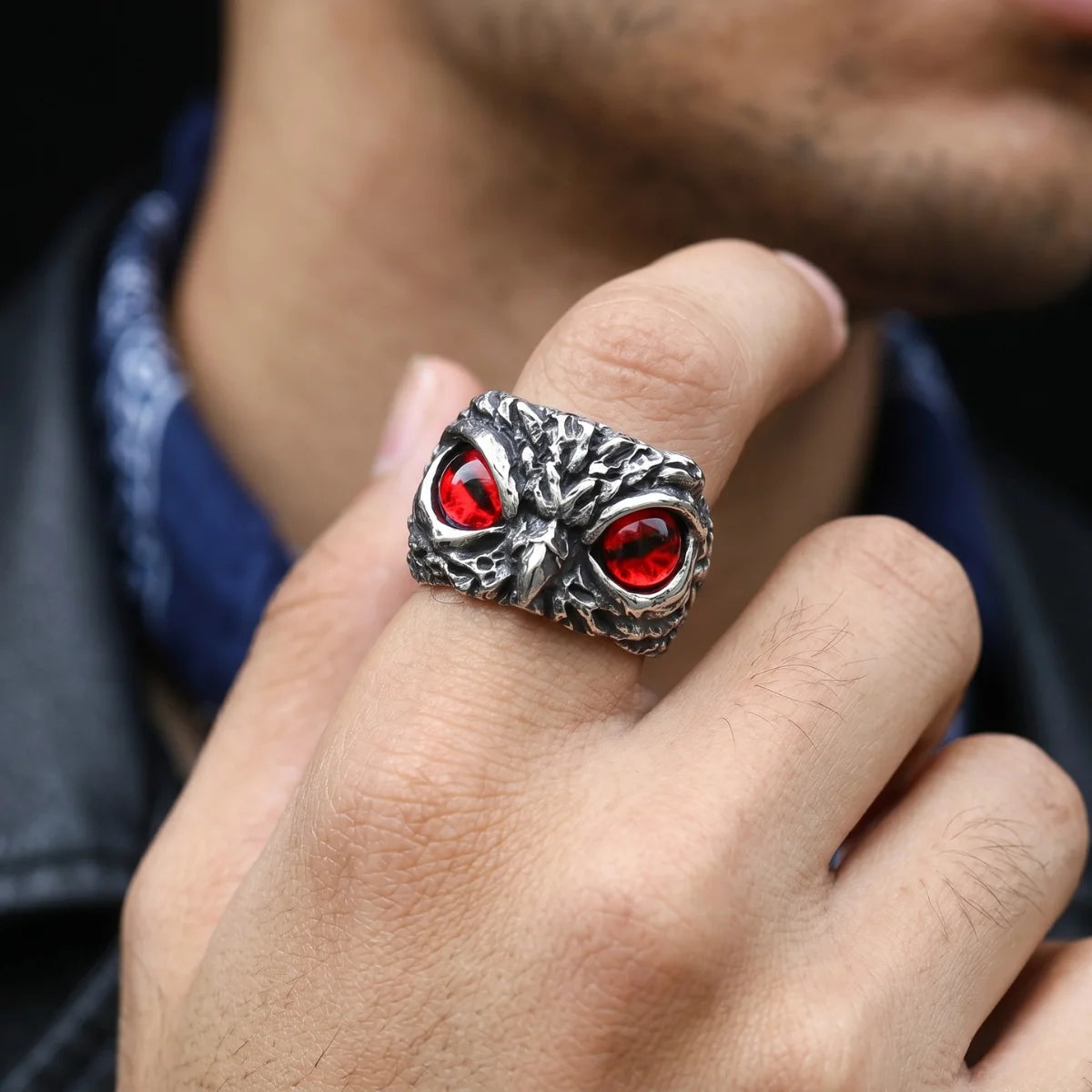 Man Wearing Demon Owl Eye Ring Red Eye Alternative Biker Accessories