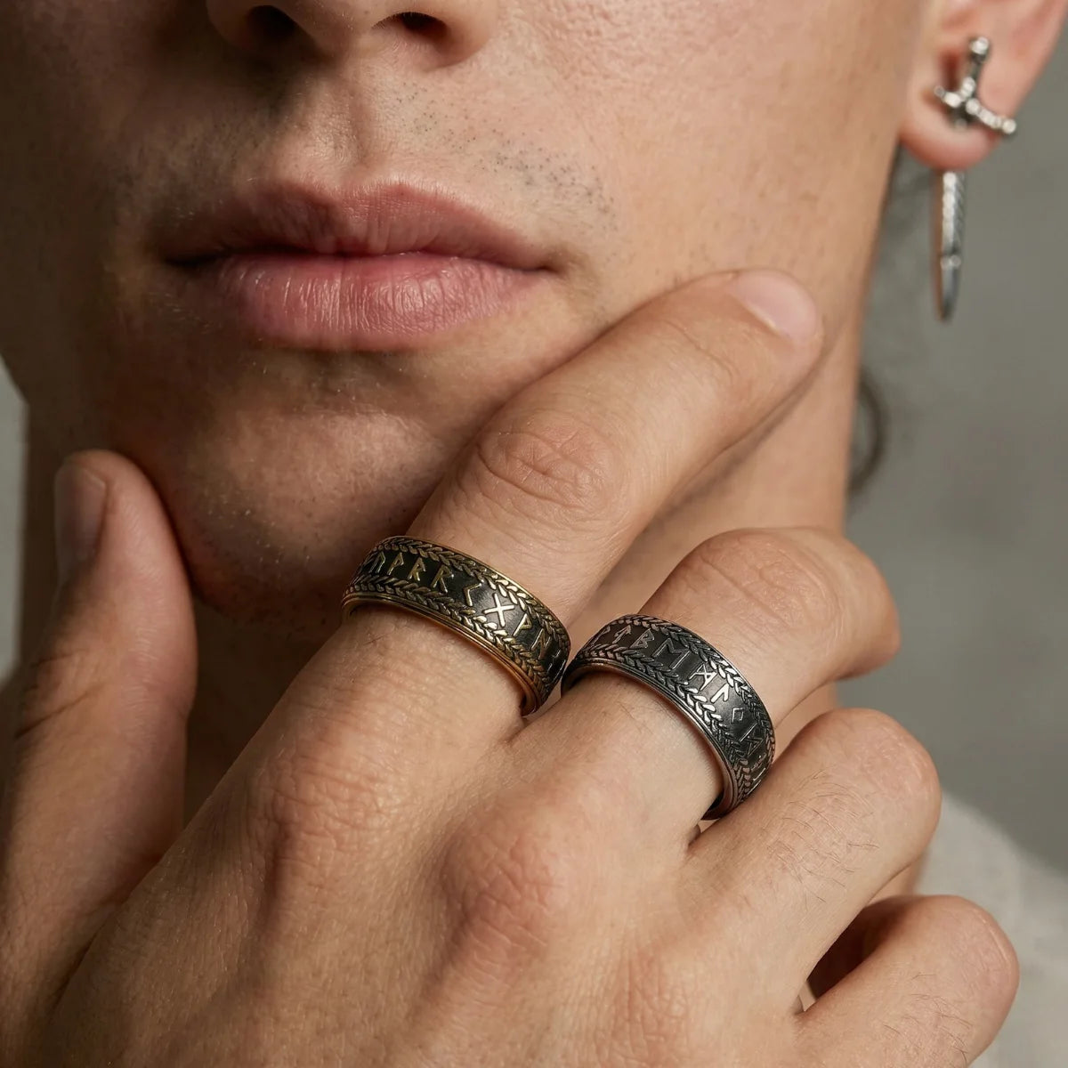 Man Wearing Elder Futhark Rings Two Tone Mens Pagan Accessories